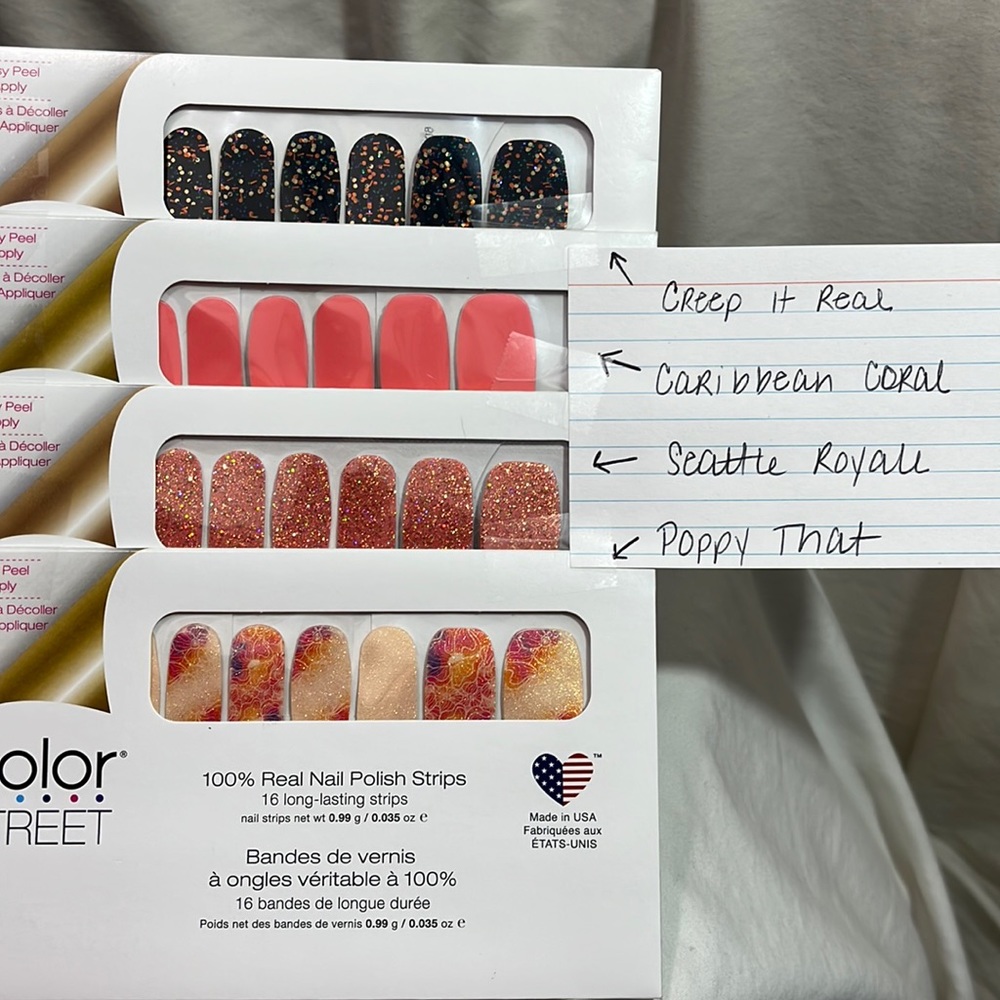 Color Street: Set of 4: Creep it Real, CaribbeanCoral, SeattleRoyale, Poppy That